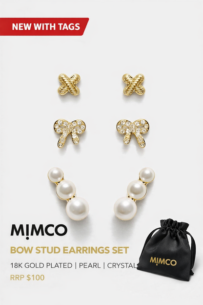 MIMCO Bow Stud Earrings Set Gold Pearl Climber Logo Studs 3 Pack RRP $99.99