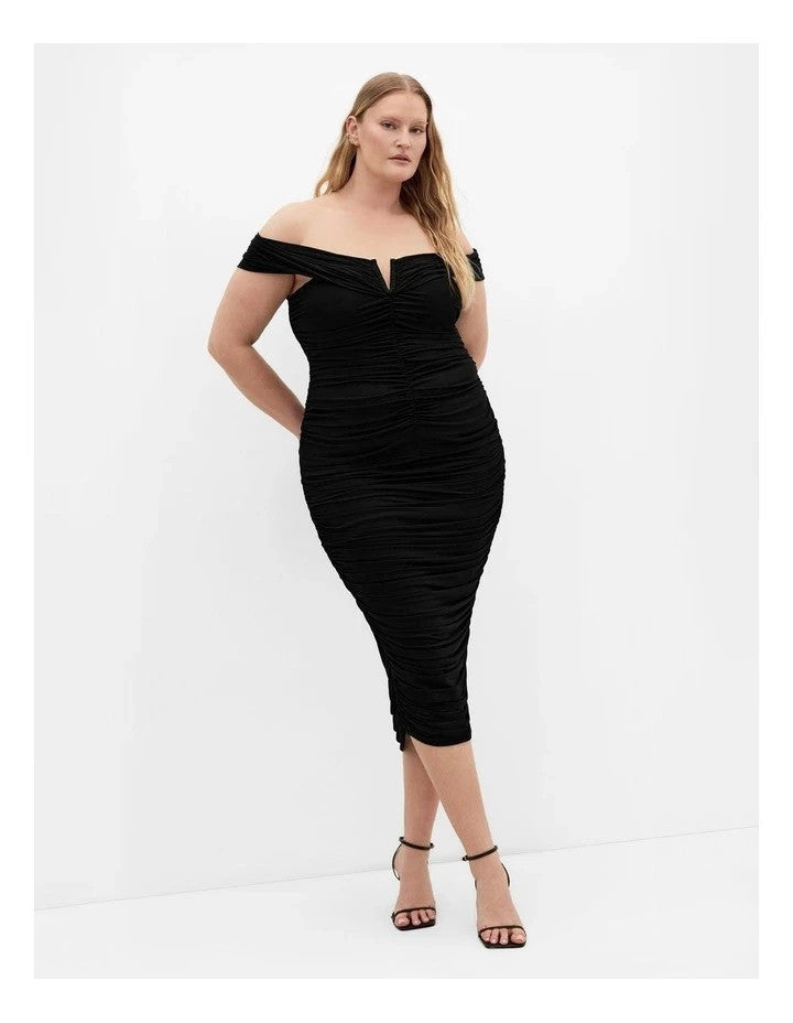 City Chic Isabell Ruched Midi Skirt in Black 3XL Plus size 26 New RRP $90