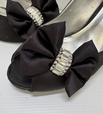 Verali  Diamante Bow Black Satin Heels Elegant Evening Shoes - Size 10
