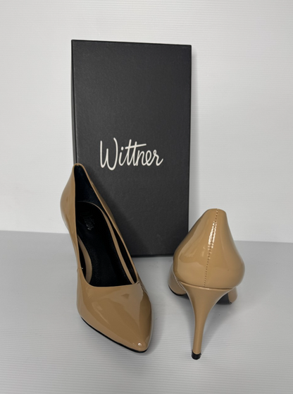 Wittner Minka Stiletto Taupe Patent 39 (AU8.5) as new perfect condition RRP $180