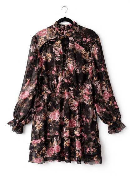 City Chic Maddison Dress XXL 24 Black Floral Lace-Up Neck Puff Sleeve Plus Size
