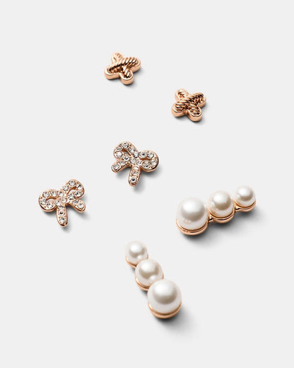 MIMCO Bow Stud Earrings Set Rose Gold Pearl Climber Logo Studs 3 Pack RRP $99.99