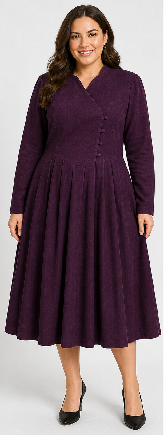 Vintage Laura Ashley Corduroy Dress Size 16 Plum Midi Long Sleeve Cotton Classic
