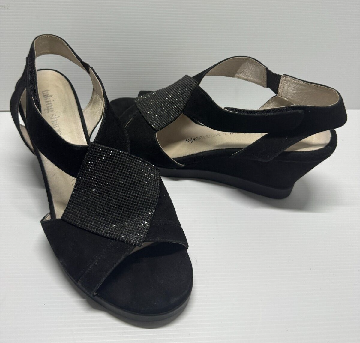 TAKING SHAPE Black Suede Wedge Peep Toe Leather Shoes Size 40 As New RRP $150