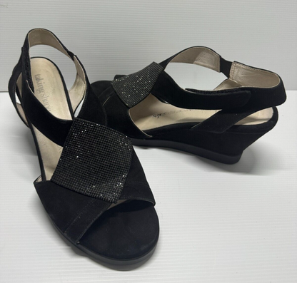 TAKING SHAPE Black Suede Wedge Peep Toe Leather Shoes Size 40 As New RRP $150
