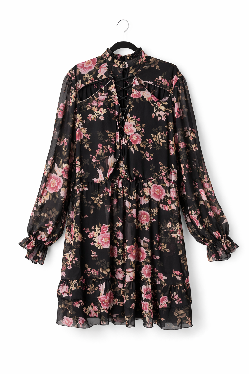 City Chic Maddison Dress XXL 24 Black Floral Lace-Up Neck Puff Sleeve Plus Size
