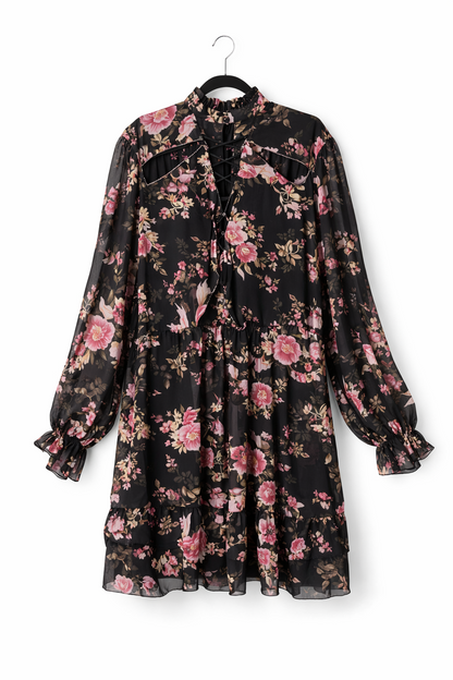 City Chic Maddison Dress XXL 24 Black Floral Lace-Up Neck Puff Sleeve Plus Size