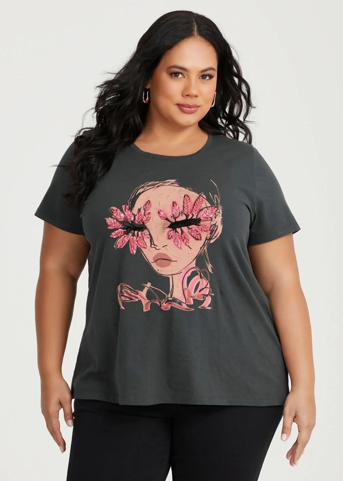 Taking Shape Cotton Embellished Face T-shirt in Graphite New 14 Plus RRP $100