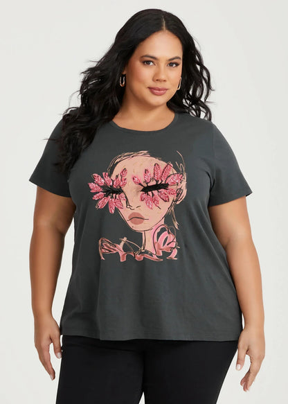 Taking Shape Cotton Embellished Face T-shirt in Graphite New 14 Plus RRP $100