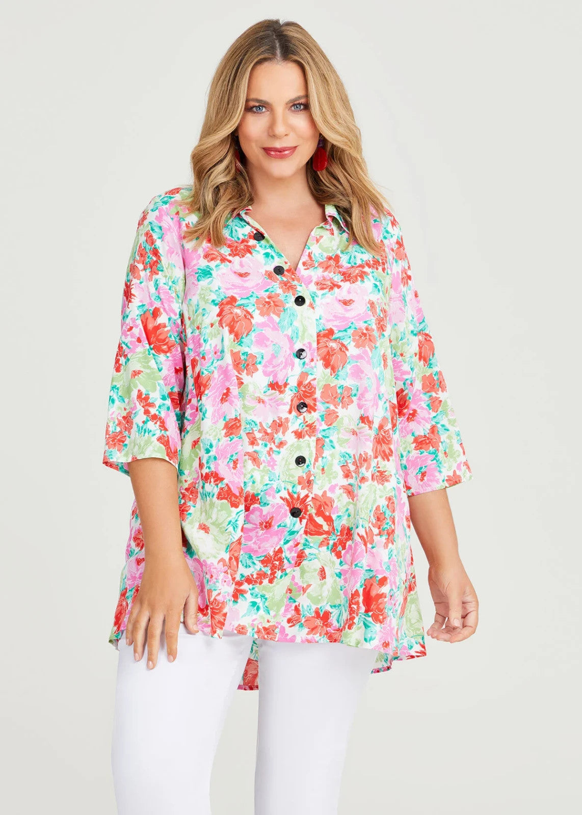 Taking Shape Spring Floral Natural Shirt in Red Floral Plus Size 12 RRP $140