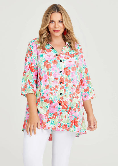 Taking Shape Spring Floral Natural Shirt in Red Floral Plus Size 12 RRP $140