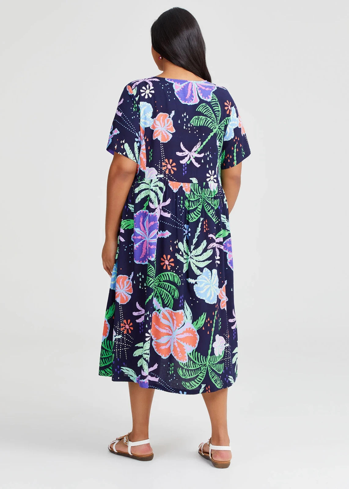 TAKING SHAPE Natural Pocket Midi Dress in Hibiscus Print Size 24 RRP$ 160