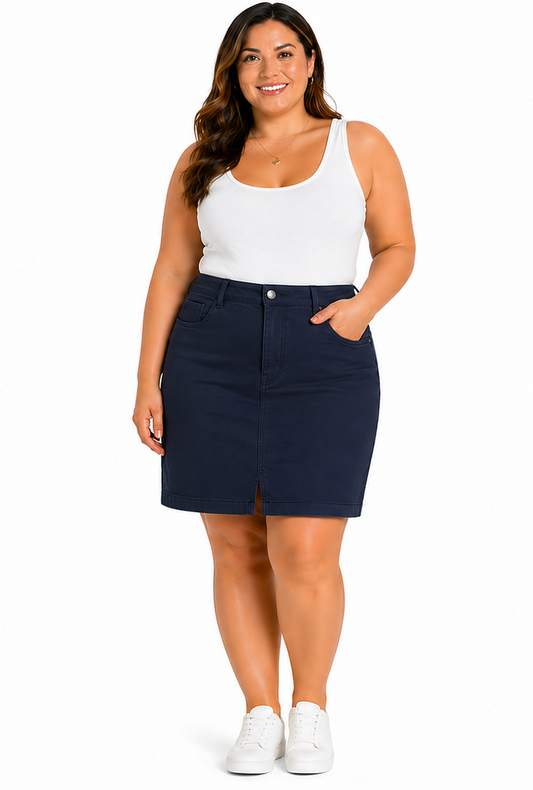BeMe Denim Skirt Size 24 Dark Wash Button/Zip Stretch New with Tags RRP $80