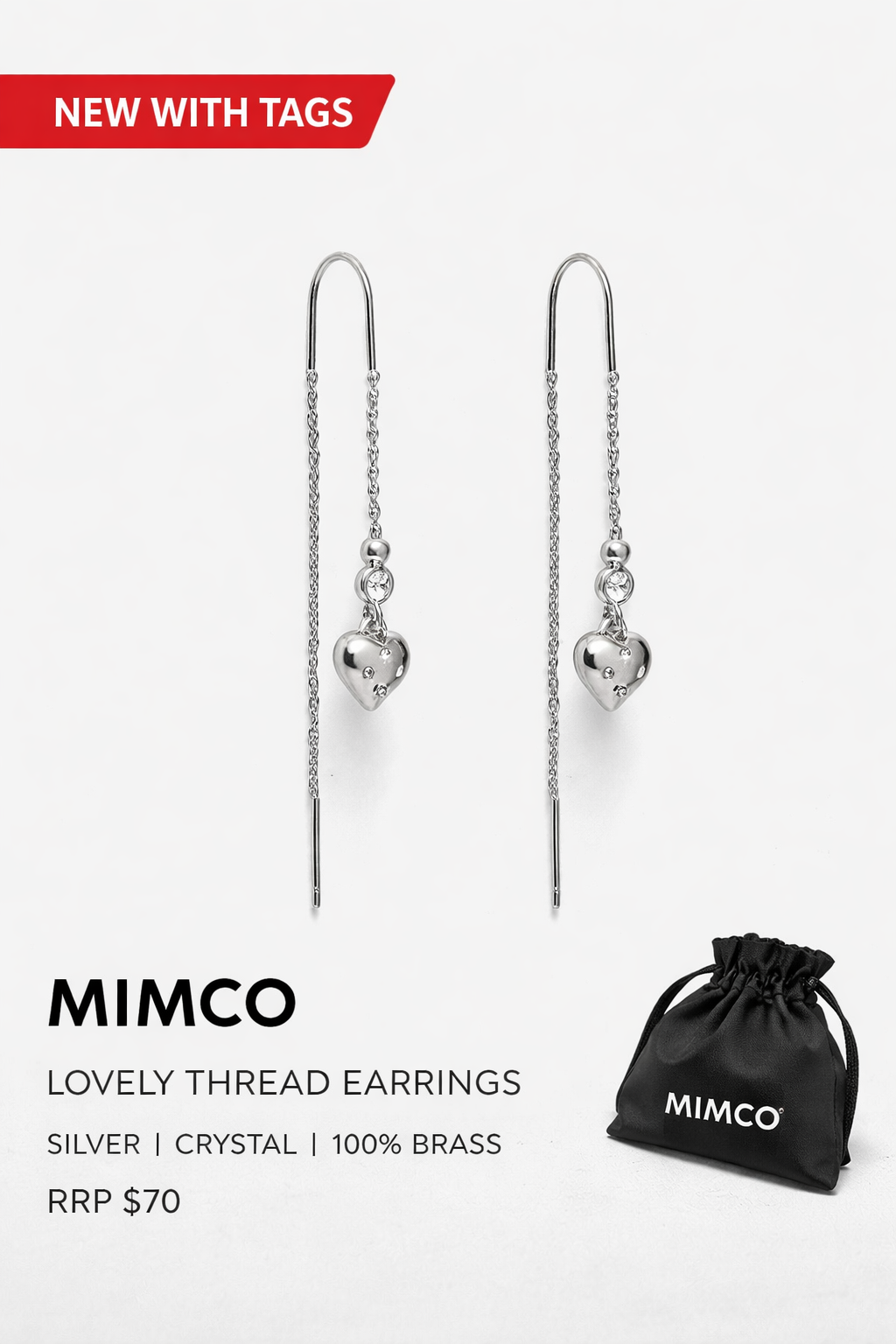 MIMCO Thread Heart Earrings 🖤 Silver 🖤 New with Tags and Dust Bag RRP $70