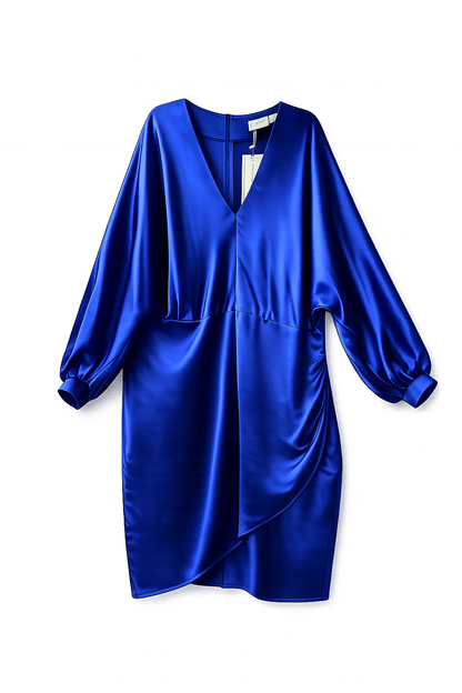 Flounce London Blue Satin Draped Mini Dress | 24 | V-Neck Wrap Style New