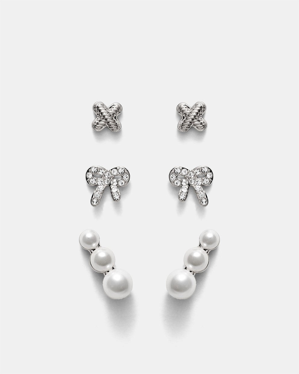MIMCO Bow Stud Earrings Set Silver Pearl Climber Logo Studs 3 Pack RRP $99.99
