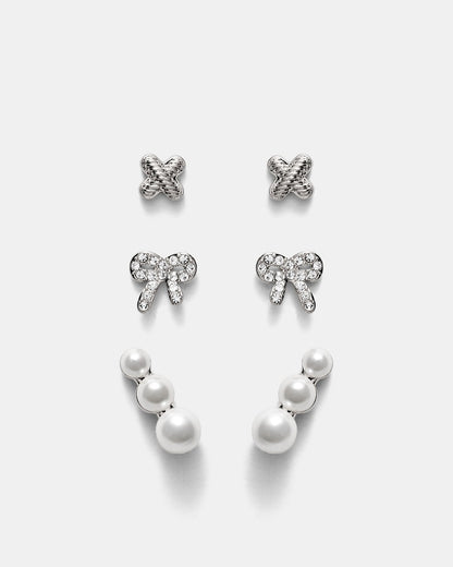 MIMCO Bow Stud Earrings Set Silver Pearl Climber Logo Studs 3 Pack RRP $99.99